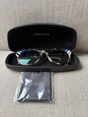 Salvatore Ferragamo Tortoiseshell Oval Eyeglasses, hard case, and lens cloth